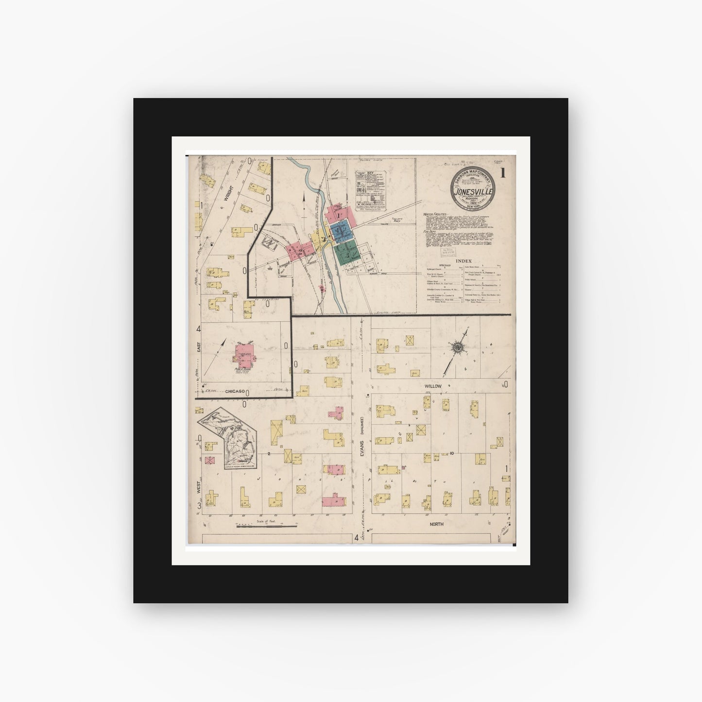 Old map wall art mockup — black gallery frame with white mat — Sanborn Fire Insurance Map from Jonesville, Hillsdale County, Michigan (1922) - Complete Map Set