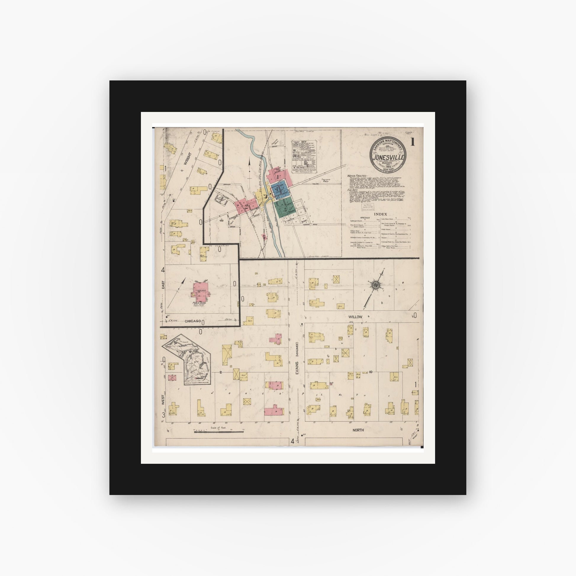 Old map wall art mockup — black gallery frame with white mat — Sanborn Fire Insurance Map from Jonesville, Hillsdale County, Michigan (1922) - Complete Map Set
