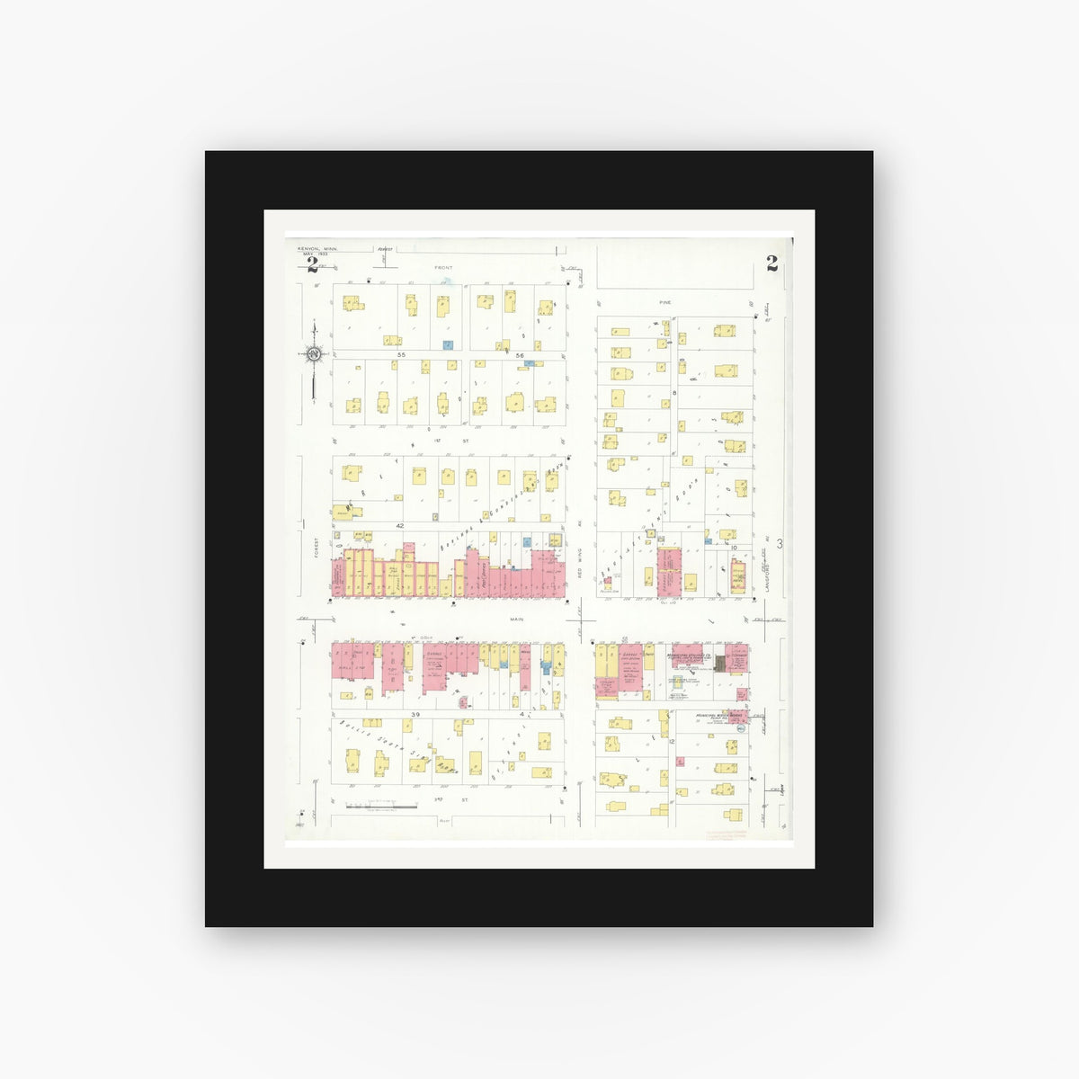 Old map wall art mockup — black gallery frame with white mat — Sanborn Fire Insurance Map from Kenyon, Goodhue County, Minnesota (1933), Sheet #0002