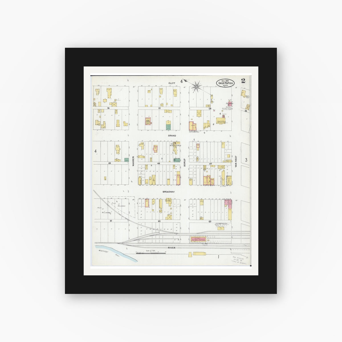Old map wall art mockup — black gallery frame with white mat — Sanborn Fire Insurance Map from Sauk Rapids, Benton County, Minnesota (1904), Sheet #0002