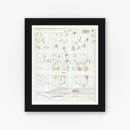 Old map wall art mockup — black gallery frame with white mat — Sanborn Fire Insurance Map from Sauk Rapids, Benton County, Minnesota (1904), Sheet #0002