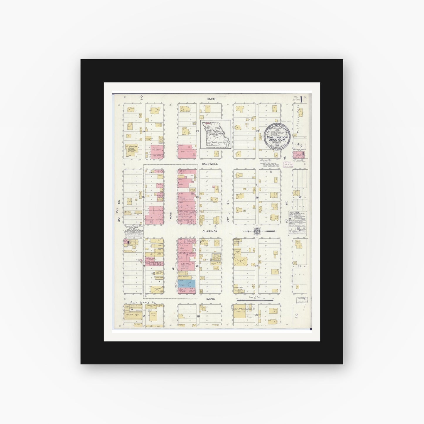 Old map wall art mockup — black gallery frame with white mat — Sanborn Fire Insurance Map from Burlington Junction, Nodaway County, Missouri (1916) - Complete Map Set