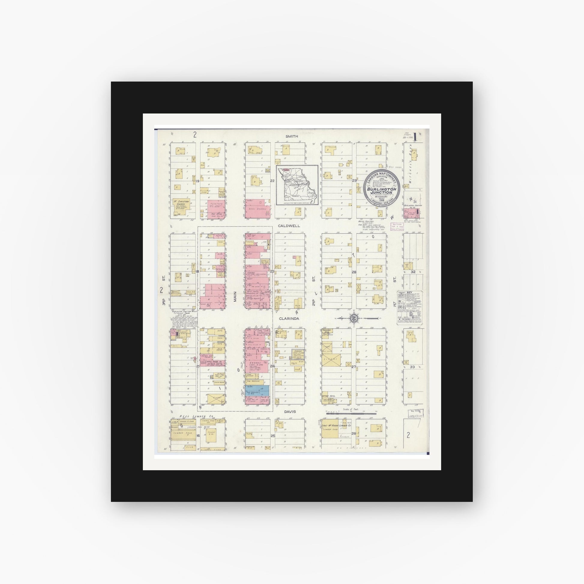 Old map wall art mockup — black gallery frame with white mat — Sanborn Fire Insurance Map from Burlington Junction, Nodaway County, Missouri (1916) - Complete Map Set