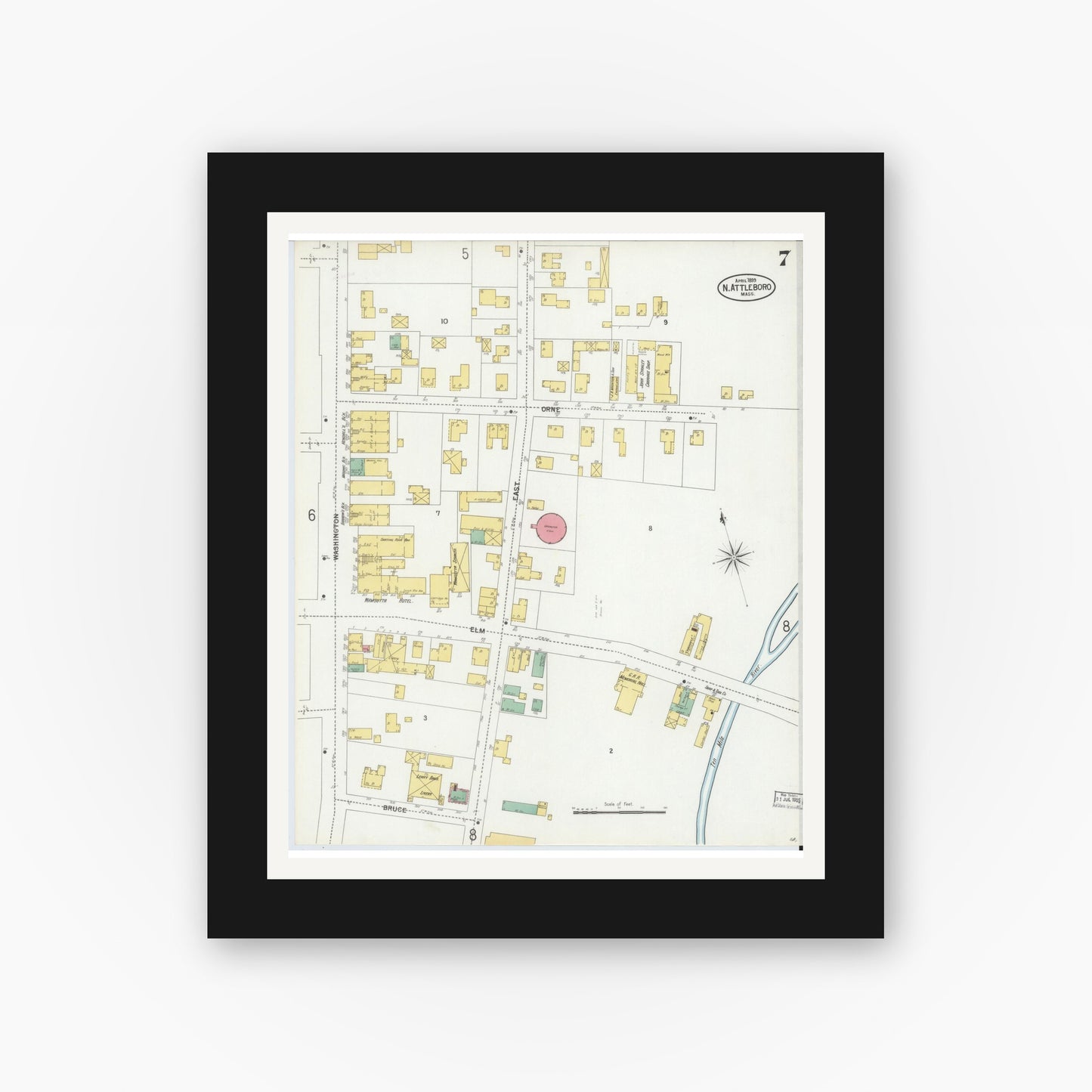 Old map wall art mockup — black gallery frame with white mat — Sanborn Fire Insurance Map from North Attleborough, Bristol County, Massachusetts (1899), Sheet #0007