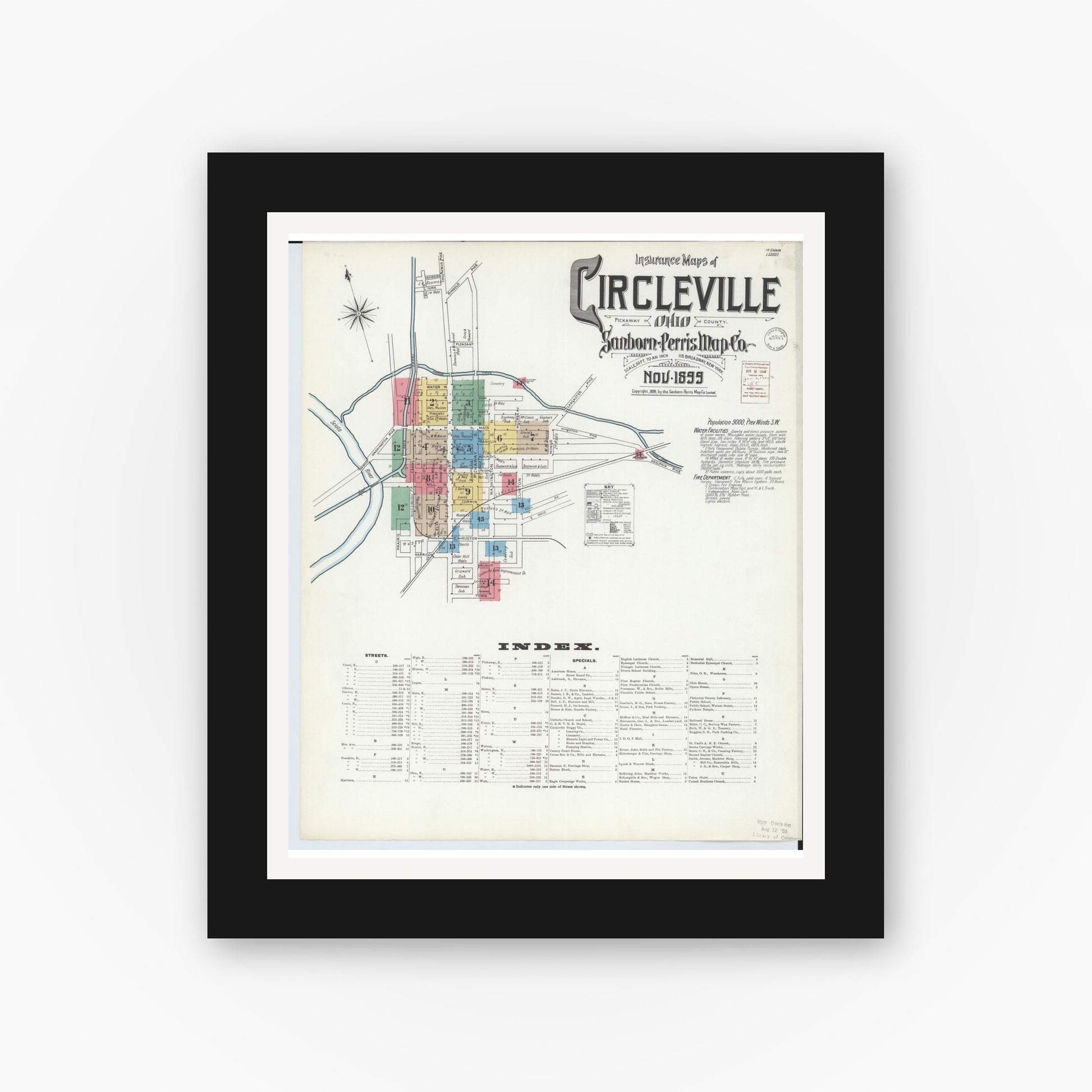 Old map wall art mockup — black gallery frame with white mat — Sanborn Fire Insurance Map from Circleville, Pickaway County, Ohio (1899), Sheet #0001