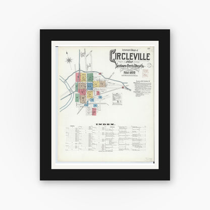 Old map wall art mockup — black gallery frame with white mat — Sanborn Fire Insurance Map from Circleville, Pickaway County, Ohio (1899), Sheet #0001