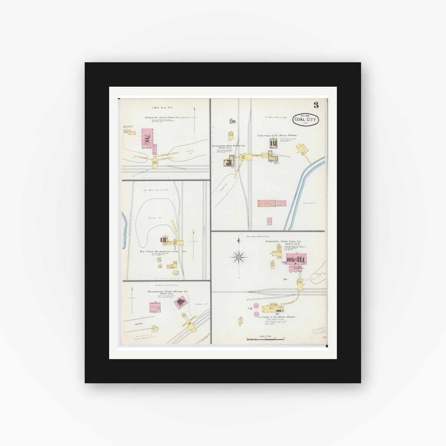 Old map wall art mockup — black gallery frame with white mat — Sanborn Fire Insurance Map from Coal City, Grundy County, Illinois (1892), Sheet #0003