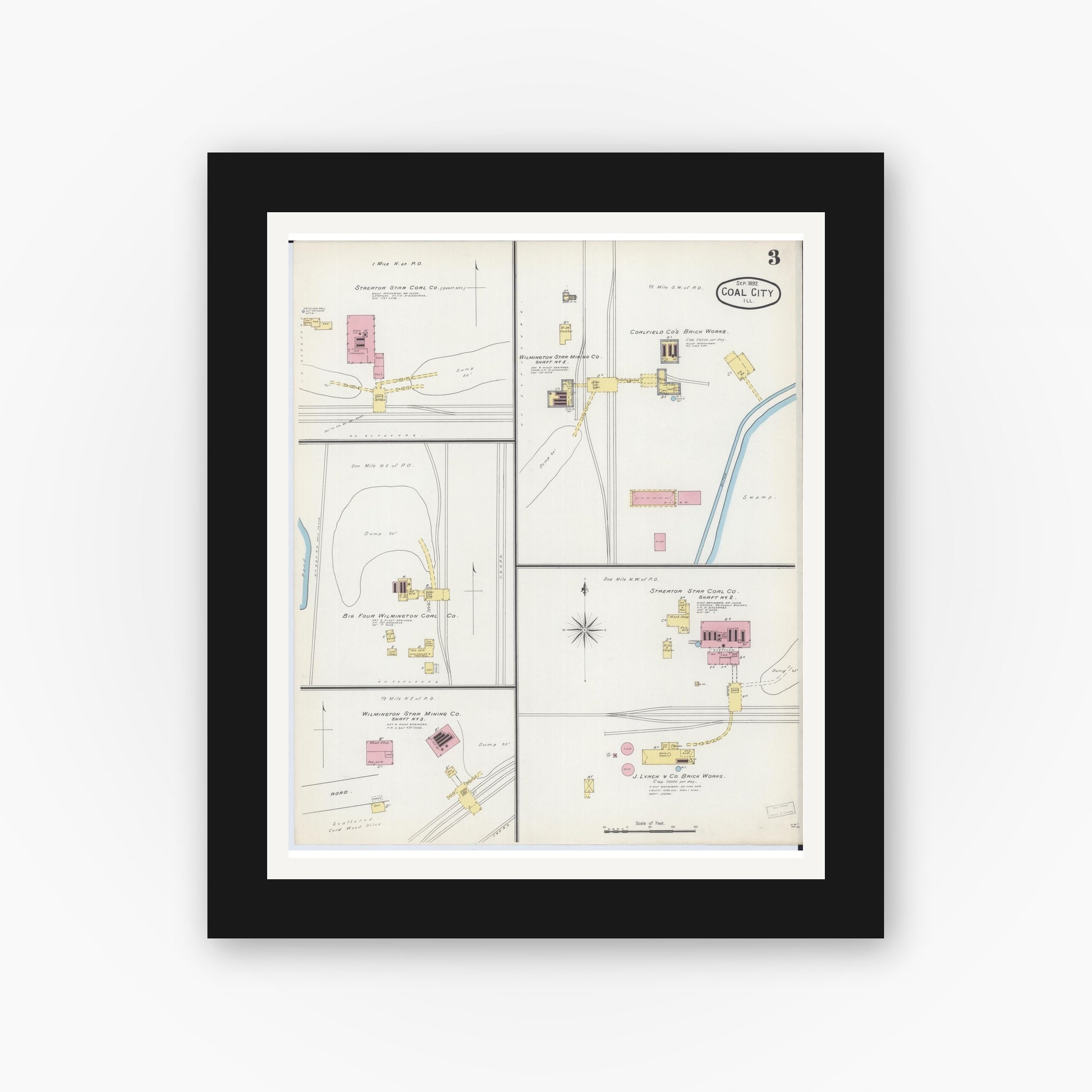 Old map wall art mockup — black gallery frame with white mat — Sanborn Fire Insurance Map from Coal City, Grundy County, Illinois (1892), Sheet #0003