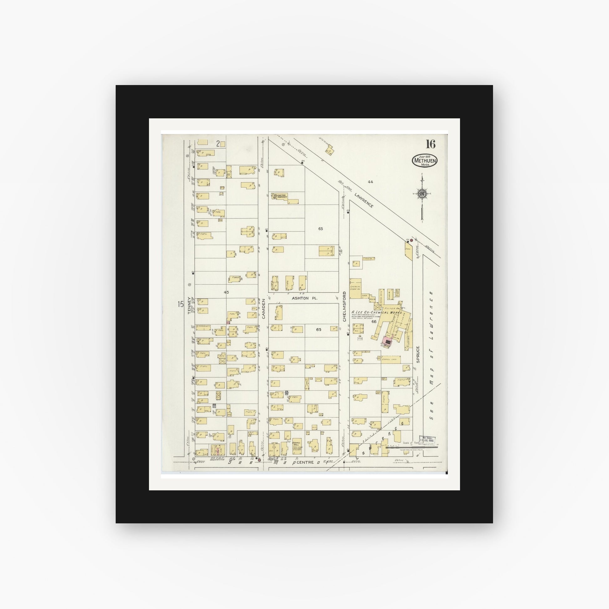 Old map wall art mockup — black gallery frame with white mat — Sanborn Fire Insurance Map from Methuen, Essex County, Massachusetts (1919), Sheet #0016