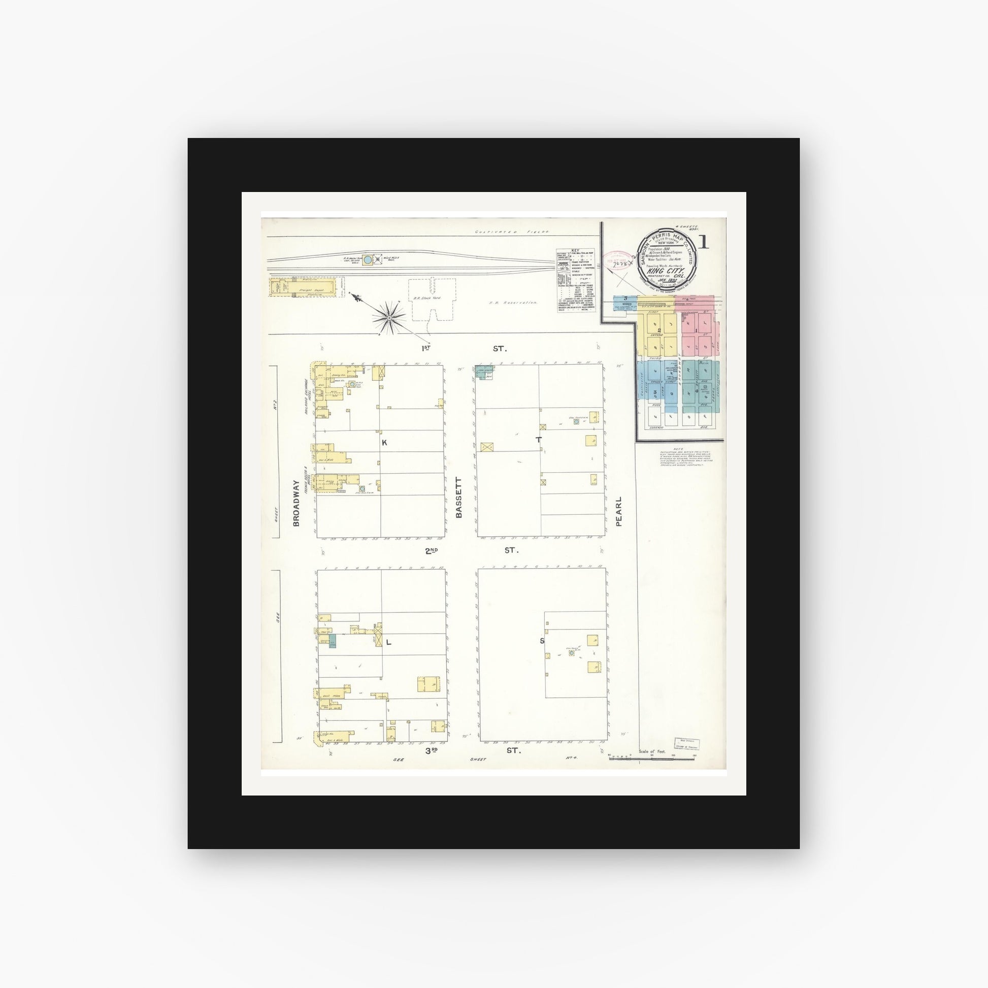 Old map wall art mockup — black gallery frame with white mat — Sanborn Fire Insurance Map from King City, Monterey County, California (1892), Sheet #0001