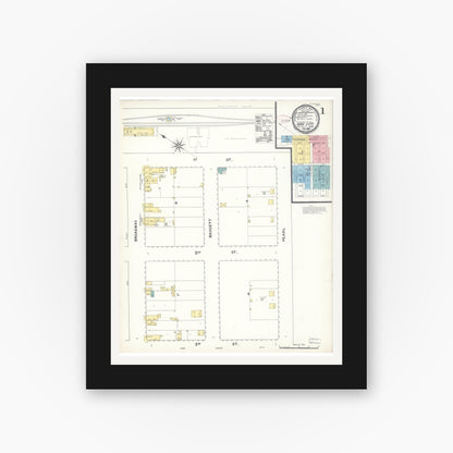 Old map wall art mockup — black gallery frame with white mat — Sanborn Fire Insurance Map from King City, Monterey County, California (1892), Sheet #0001