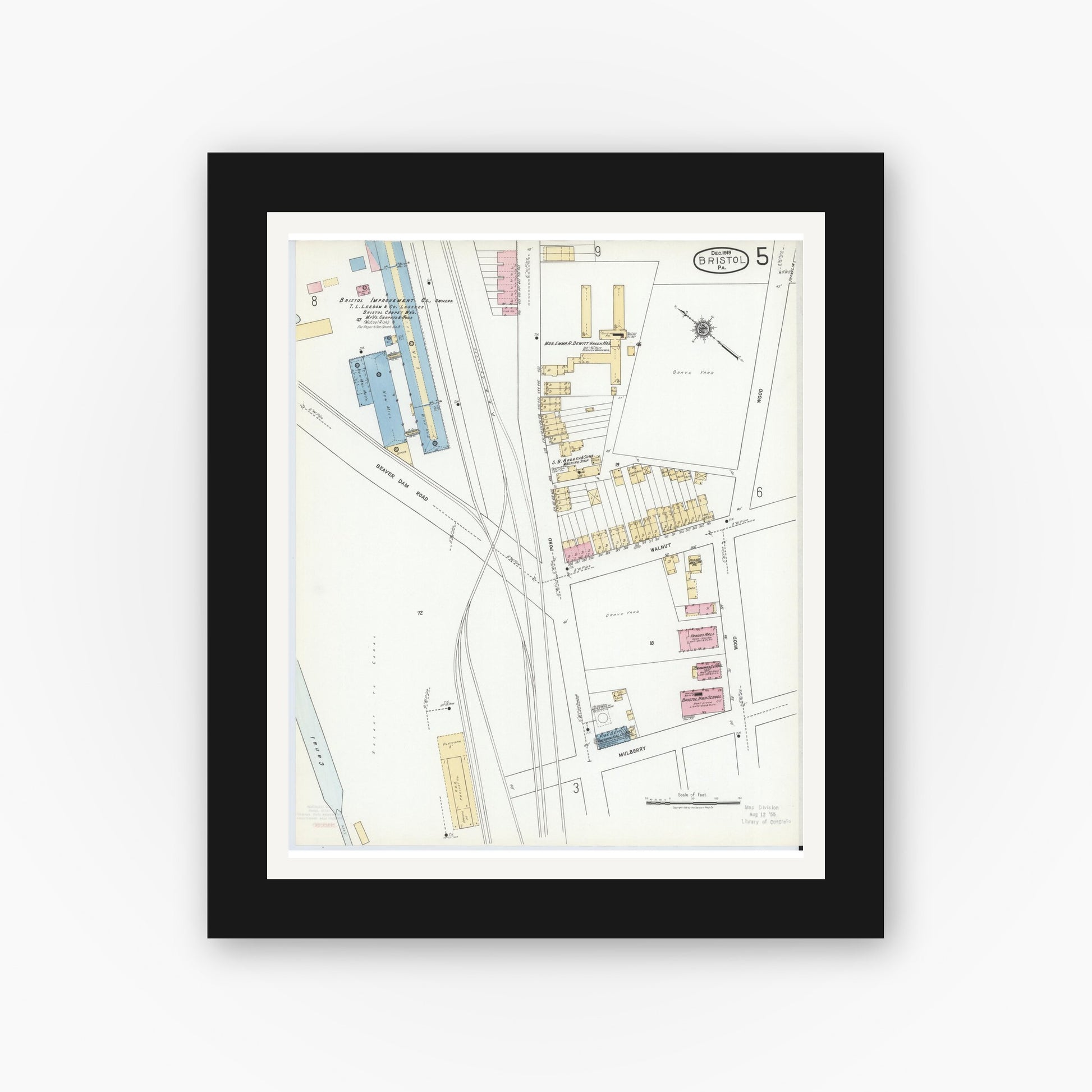 Old map wall art mockup — black gallery frame with white mat — Sanborn Fire Insurance Map from Bristol, Bucks County, Pennsylvania (1927), Sheet #0005