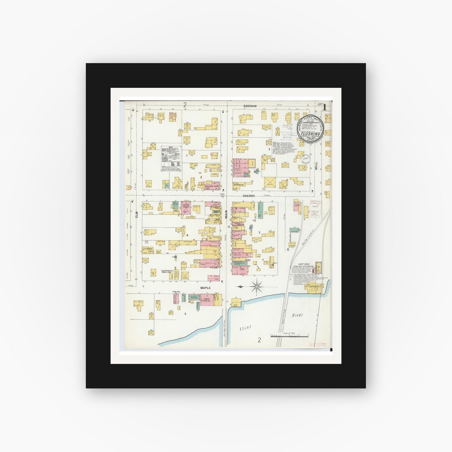 Old map wall art mockup — black gallery frame with white mat — Sanborn Fire Insurance Map from Flushing, Genesee County, Michigan (1900), Sheet #0001