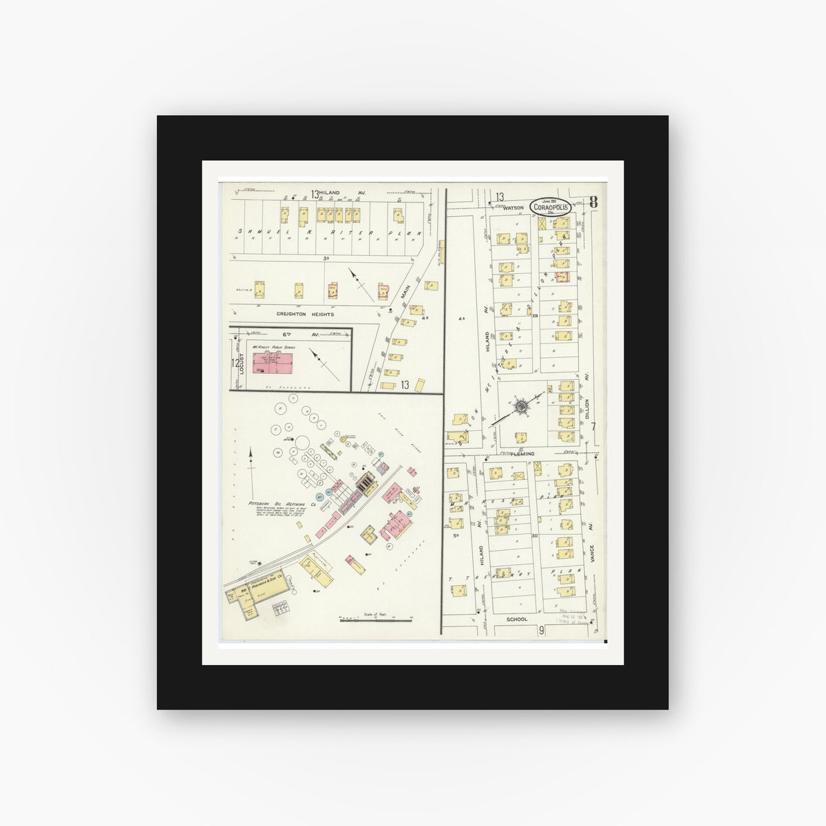 Old map wall art mockup — black gallery frame with white mat — Sanborn Fire Insurance Map from Coraopolis, Allegheny County, Pennsylvania (1911), Sheet #0008