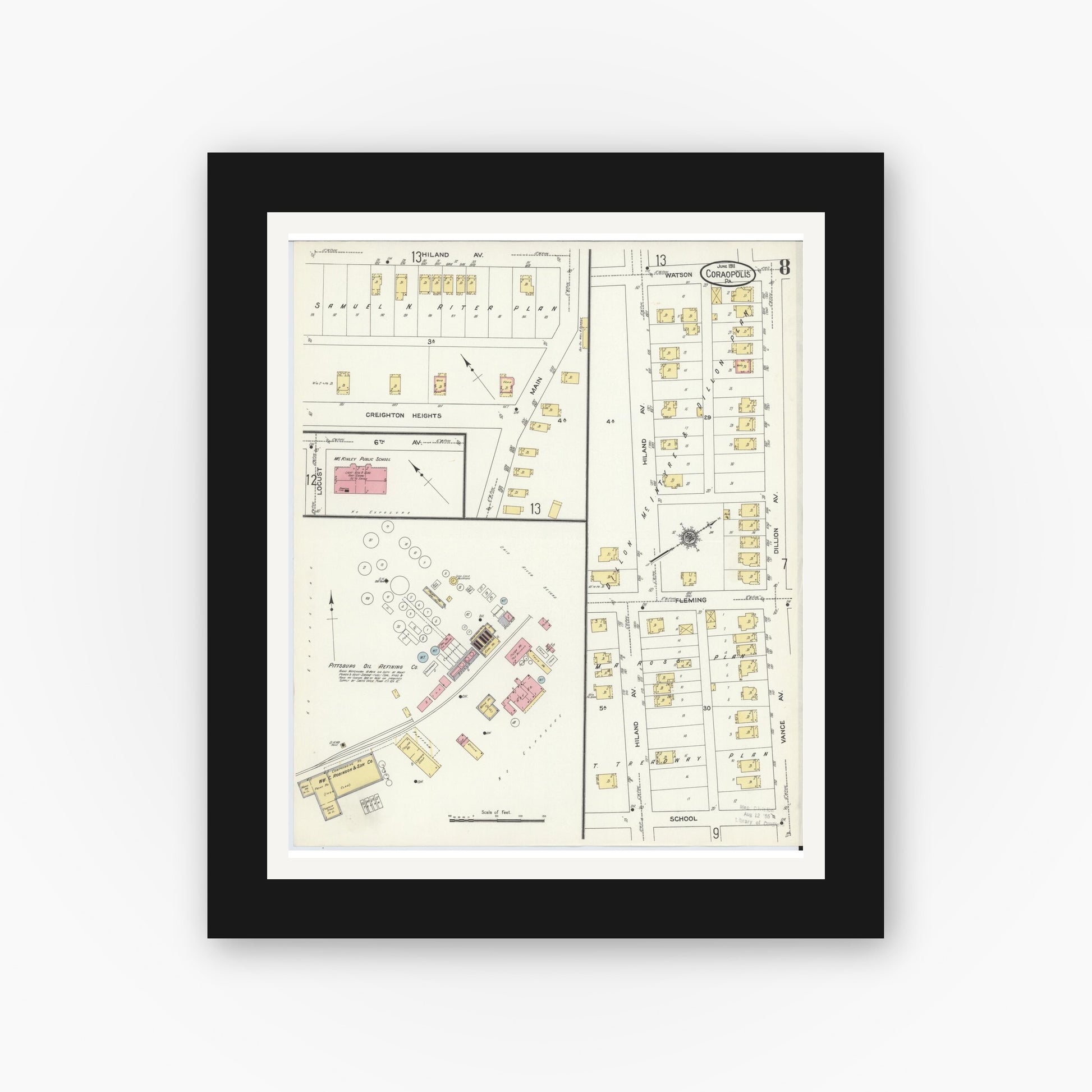 Old map wall art mockup — black gallery frame with white mat — Sanborn Fire Insurance Map from Coraopolis, Allegheny County, Pennsylvania (1911), Sheet #0008