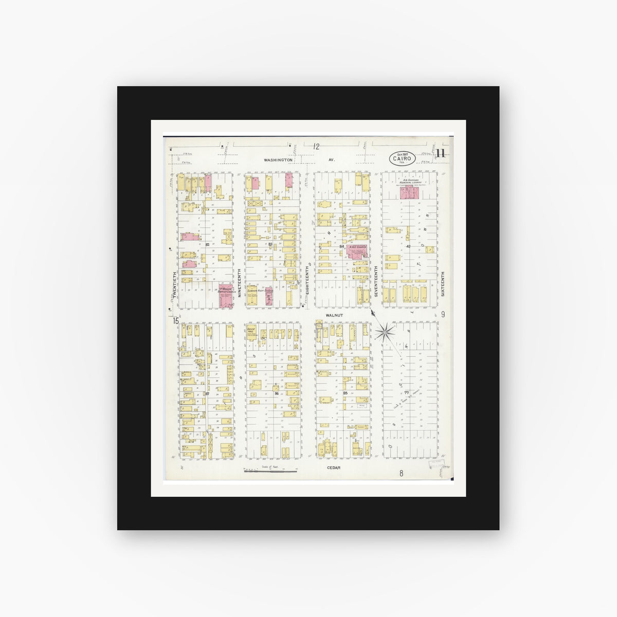 Old map wall art mockup — black gallery frame with white mat — Sanborn Fire Insurance Map from Cairo, Alexander County, Illinois (1907), Sheet #0011