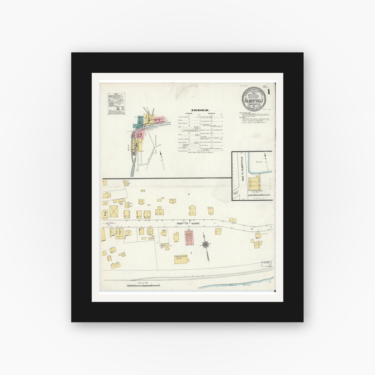 Old map wall art mockup — black gallery frame with white mat — Sanborn Fire Insurance Map from Gilbertville, Worcester County, Massachusetts (1911) - Complete Map Set