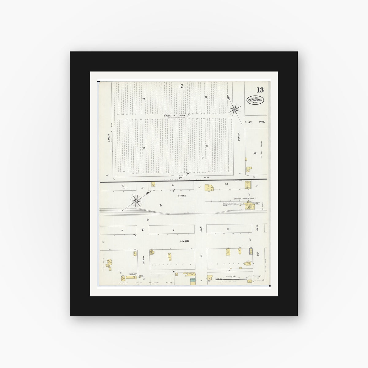 Old map wall art mockup — black gallery frame with white mat — Sanborn Fire Insurance Map from Crookston, Polk County, Minnesota (1906), Sheet #0013