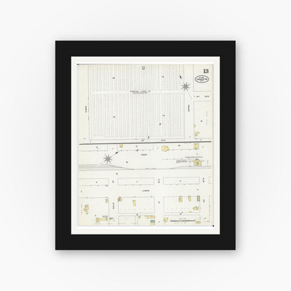 Old map wall art mockup — black gallery frame with white mat — Sanborn Fire Insurance Map from Crookston, Polk County, Minnesota (1906), Sheet #0013