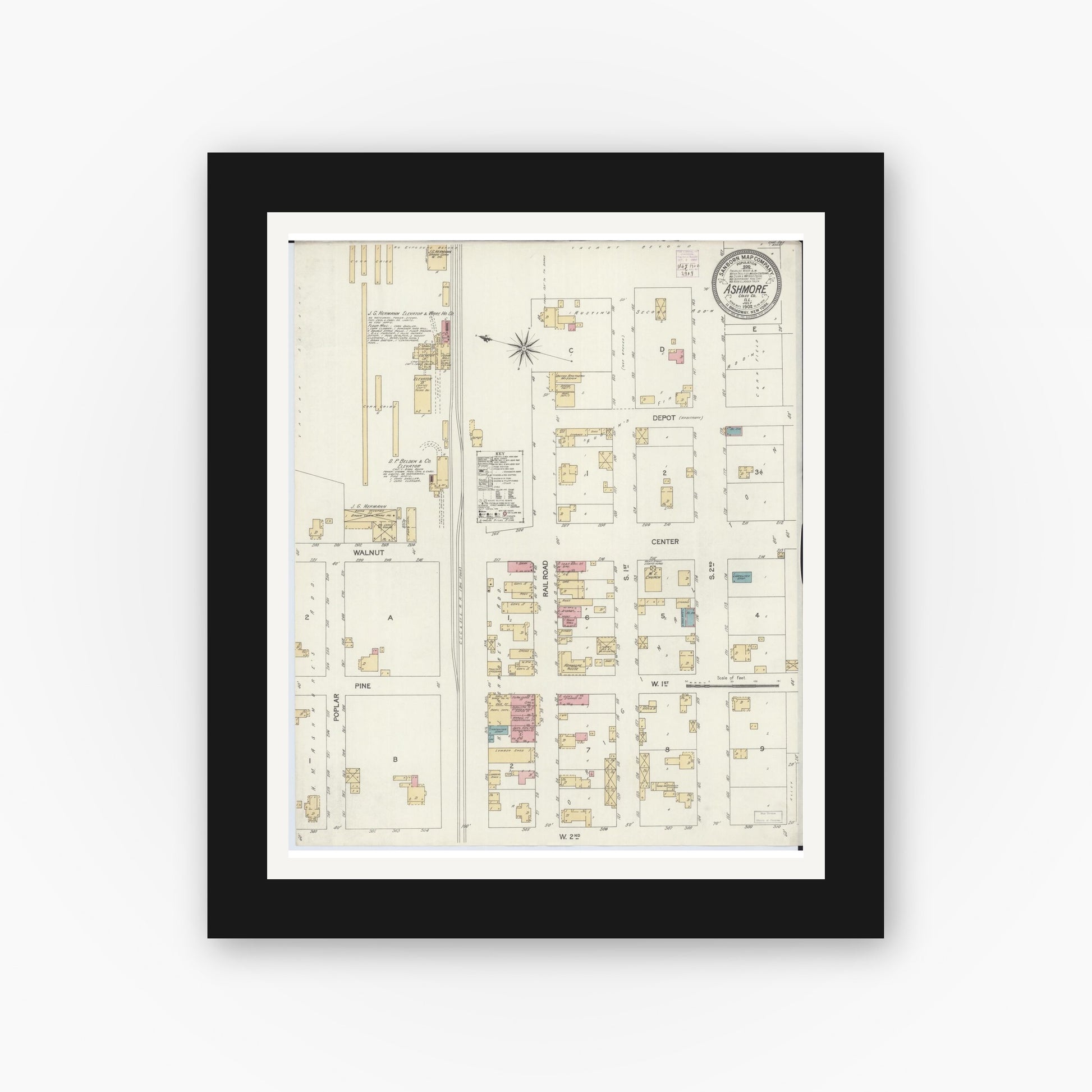 Old map wall art mockup — black gallery frame with white mat — Sanborn Fire Insurance Map from Ashmore, Coles County, Illinois (1902), Sheet #0001