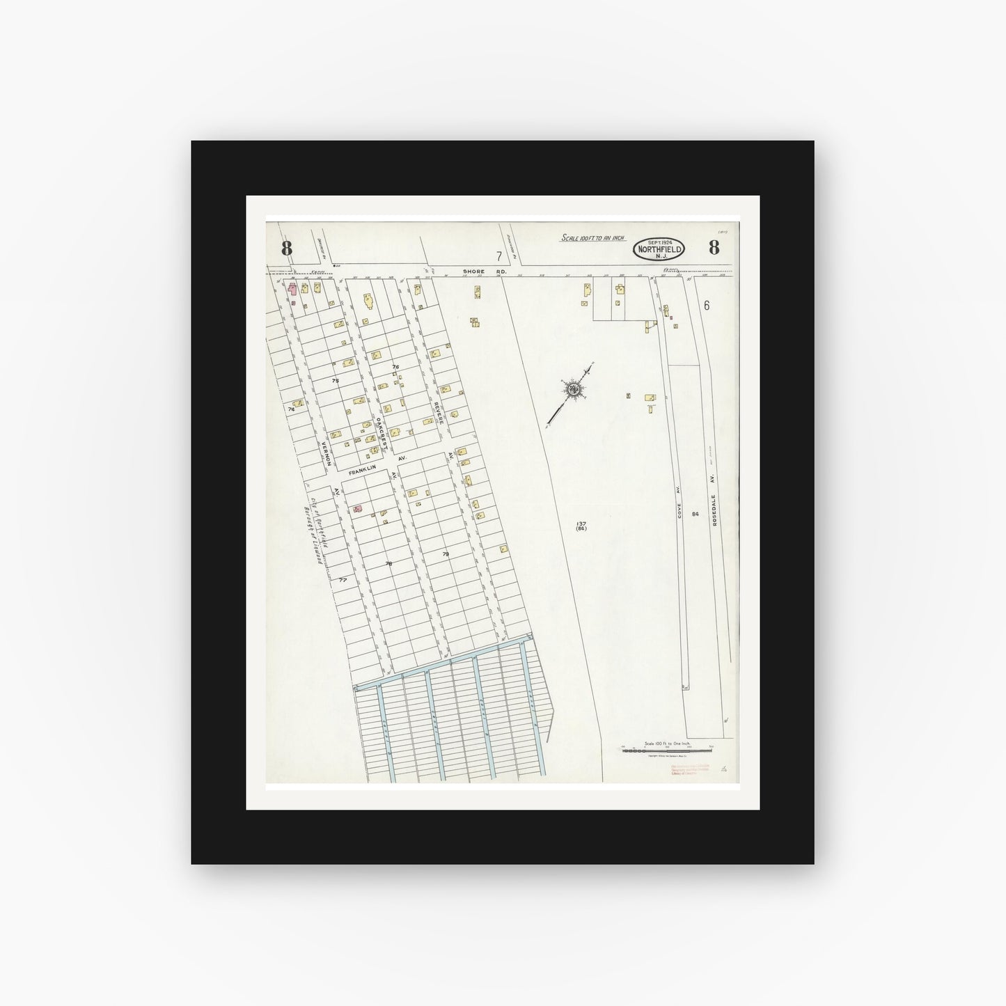 Old map wall art mockup — black gallery frame with white mat — Sanborn Fire Insurance Map from Northfield, Atlantic County, New Jersey (1924), Sheet #0008