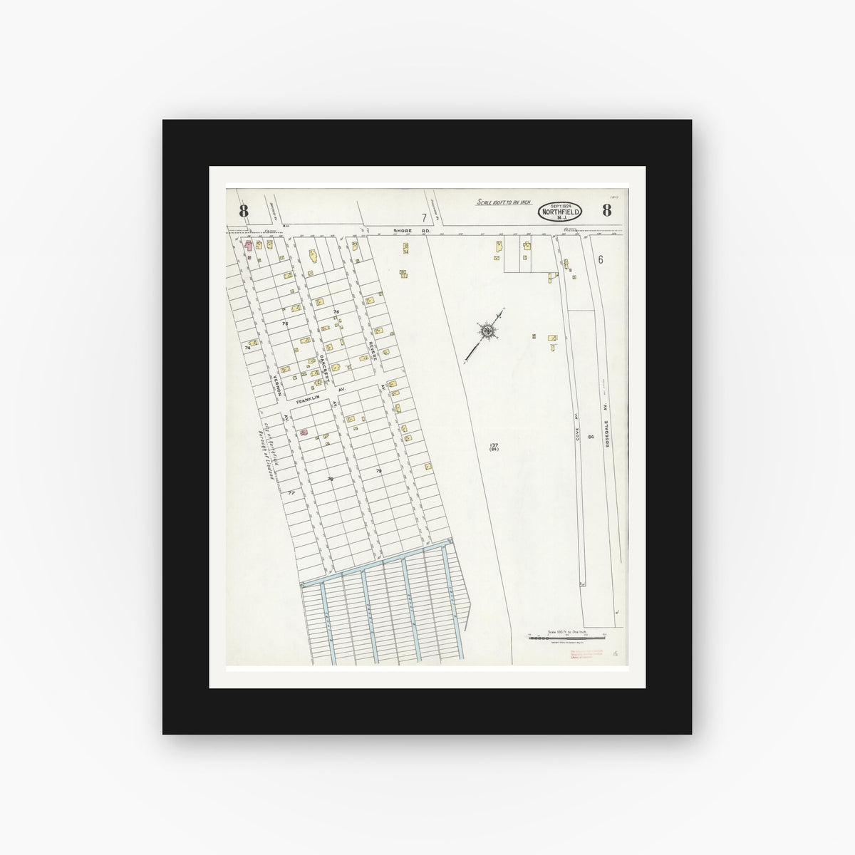 Old map wall art mockup — black gallery frame with white mat — Sanborn Fire Insurance Map from Northfield, Atlantic County, New Jersey (1924), Sheet #0008