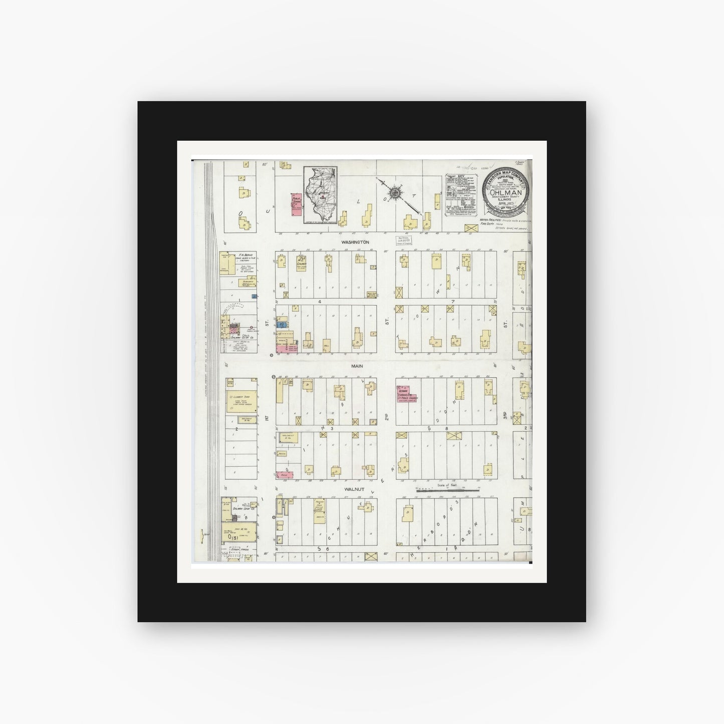Old map wall art mockup — black gallery frame with white mat — Sanborn Fire Insurance Map from Ohlman, Montgomery County, Illinois (1923), Sheet #0001