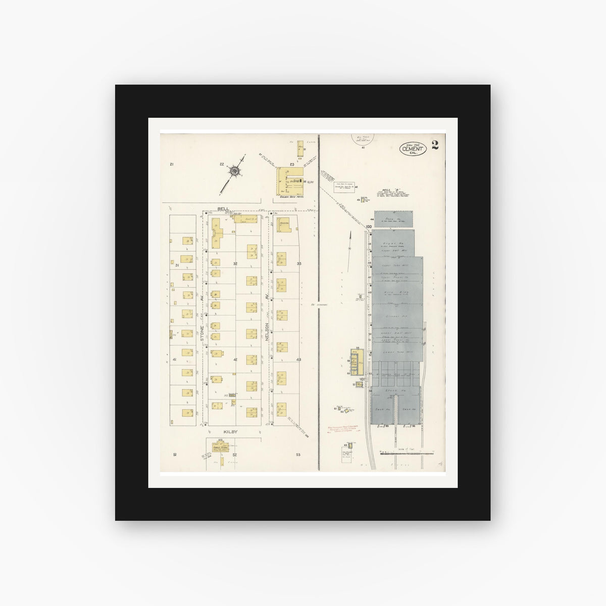 Old map wall art mockup — black gallery frame with white mat — Sanborn Fire Insurance Map from Cement, Solano County, California (1912), Sheet #0002