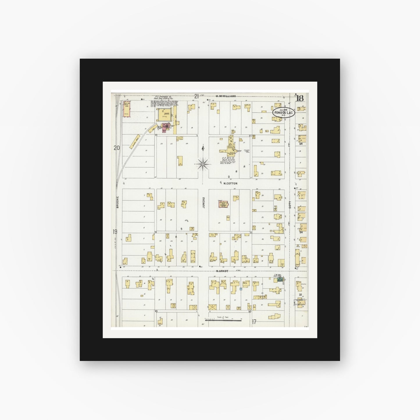 Old map wall art mockup — black gallery frame with white mat — Sanborn Fire Insurance Map from Fond du Lac, Fond du Lac County, Wisconsin (1898), Sheet #0018