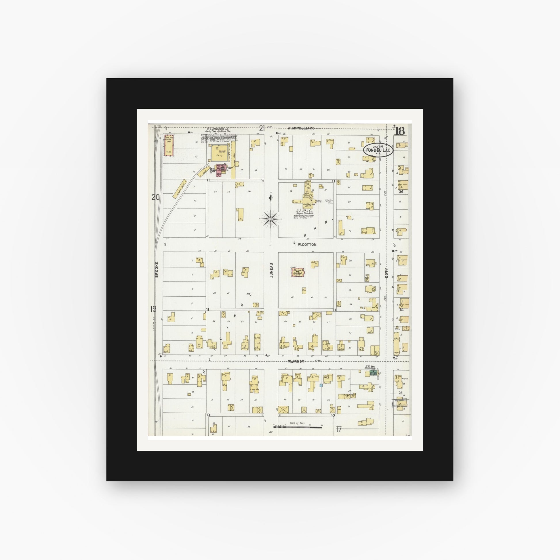 Old map wall art mockup — black gallery frame with white mat — Sanborn Fire Insurance Map from Fond du Lac, Fond du Lac County, Wisconsin (1898), Sheet #0018