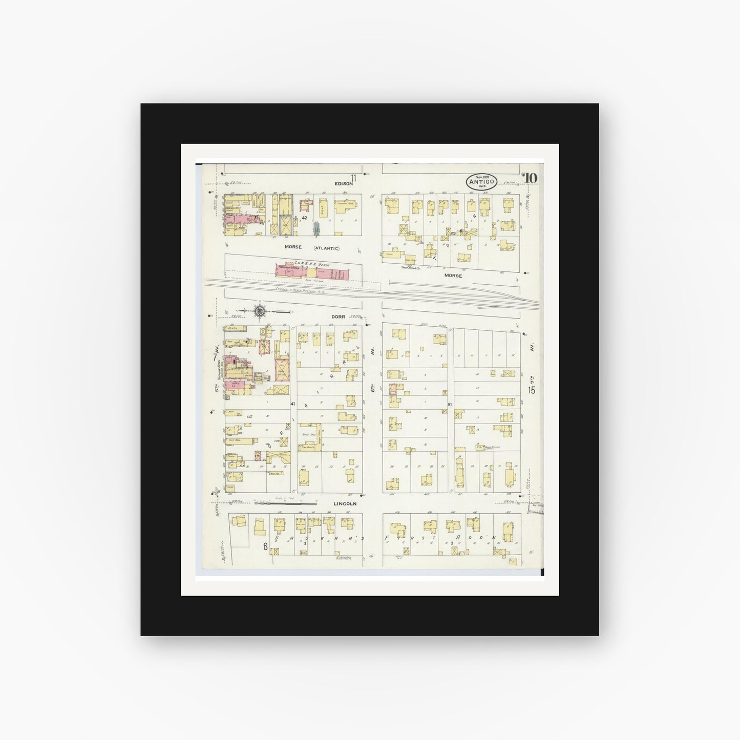 Old map wall art mockup — black gallery frame with white mat — Sanborn Fire Insurance Map from Antigo, Langlade County, Wisconsin (1909), Sheet #0010