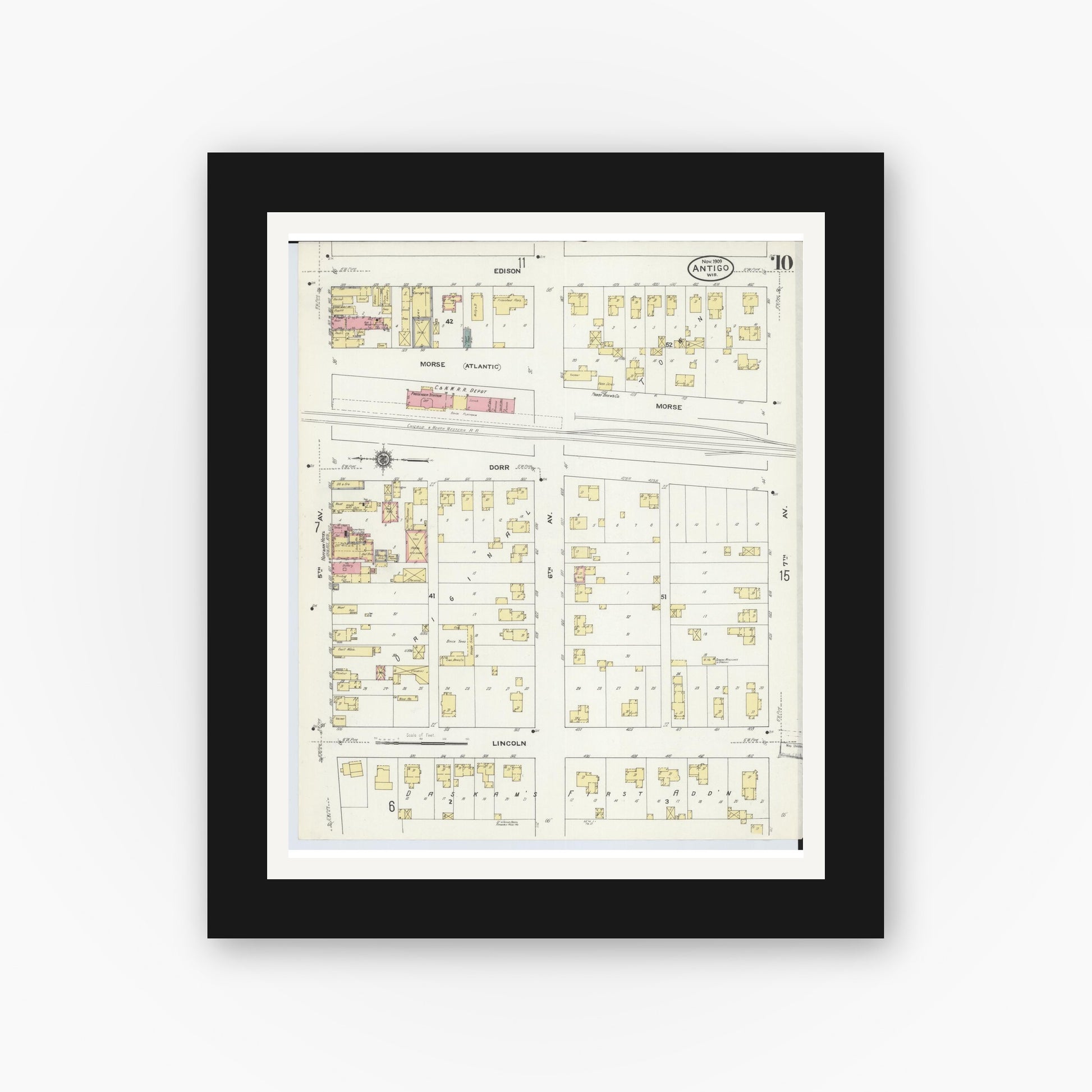 Old map wall art mockup — black gallery frame with white mat — Sanborn Fire Insurance Map from Antigo, Langlade County, Wisconsin (1909), Sheet #0010