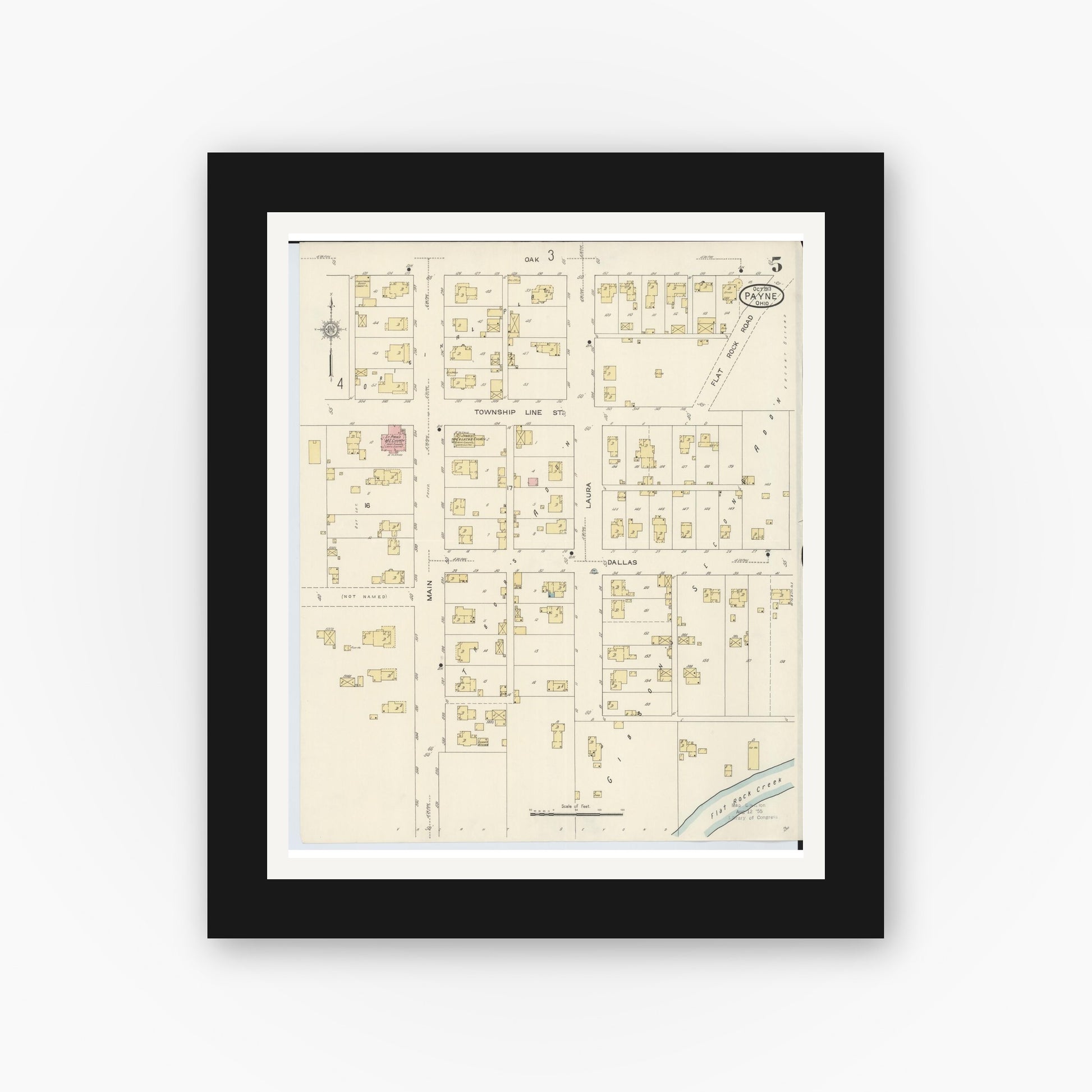 Old map wall art mockup — black gallery frame with white mat — Sanborn Fire Insurance Map from Payne, Paulding County, Ohio (1913), Sheet #0005