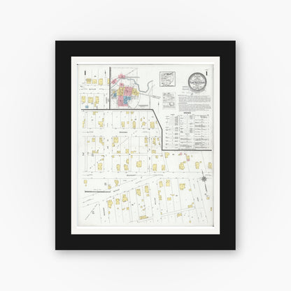 Old map wall art mockup — black gallery frame with white mat — Sanborn Fire Insurance Map from Fort Recovery, Mercer County, Ohio (1927), Sheet #0001