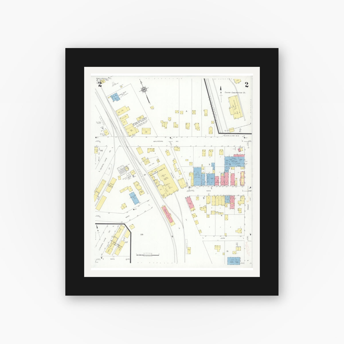 Old map wall art mockup — black gallery frame with white mat — Sanborn Fire Insurance Map from McHenry, McHenry County, Illinois (1933), Sheet #0002