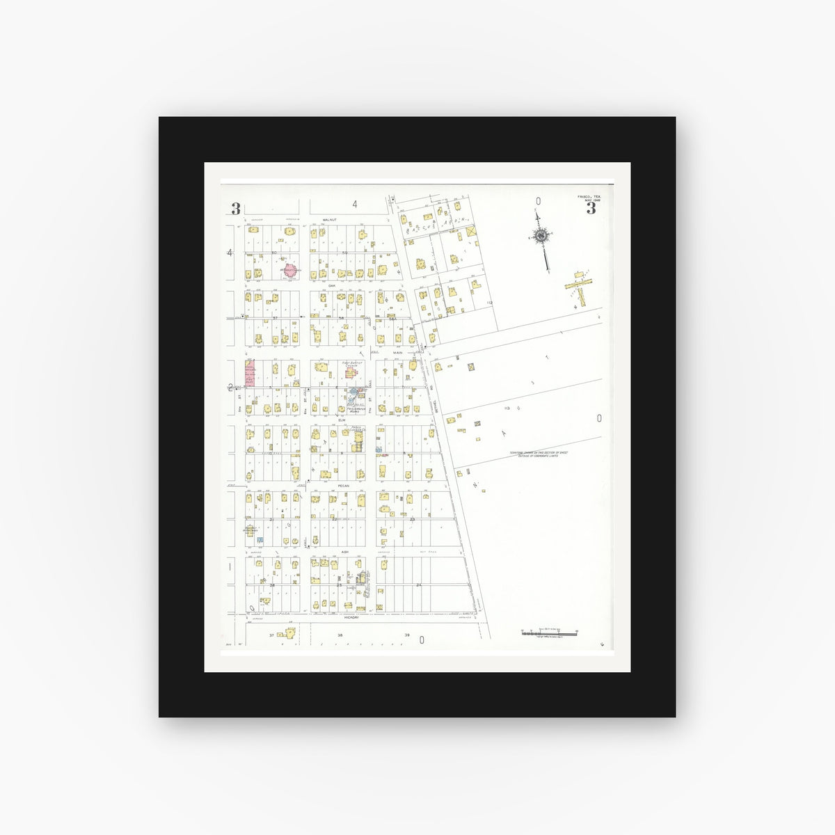 Old map wall art mockup — black gallery frame with white mat — Sanborn Fire Insurance Map from Frisco, Collin County, Texas (1949), Sheet #0003