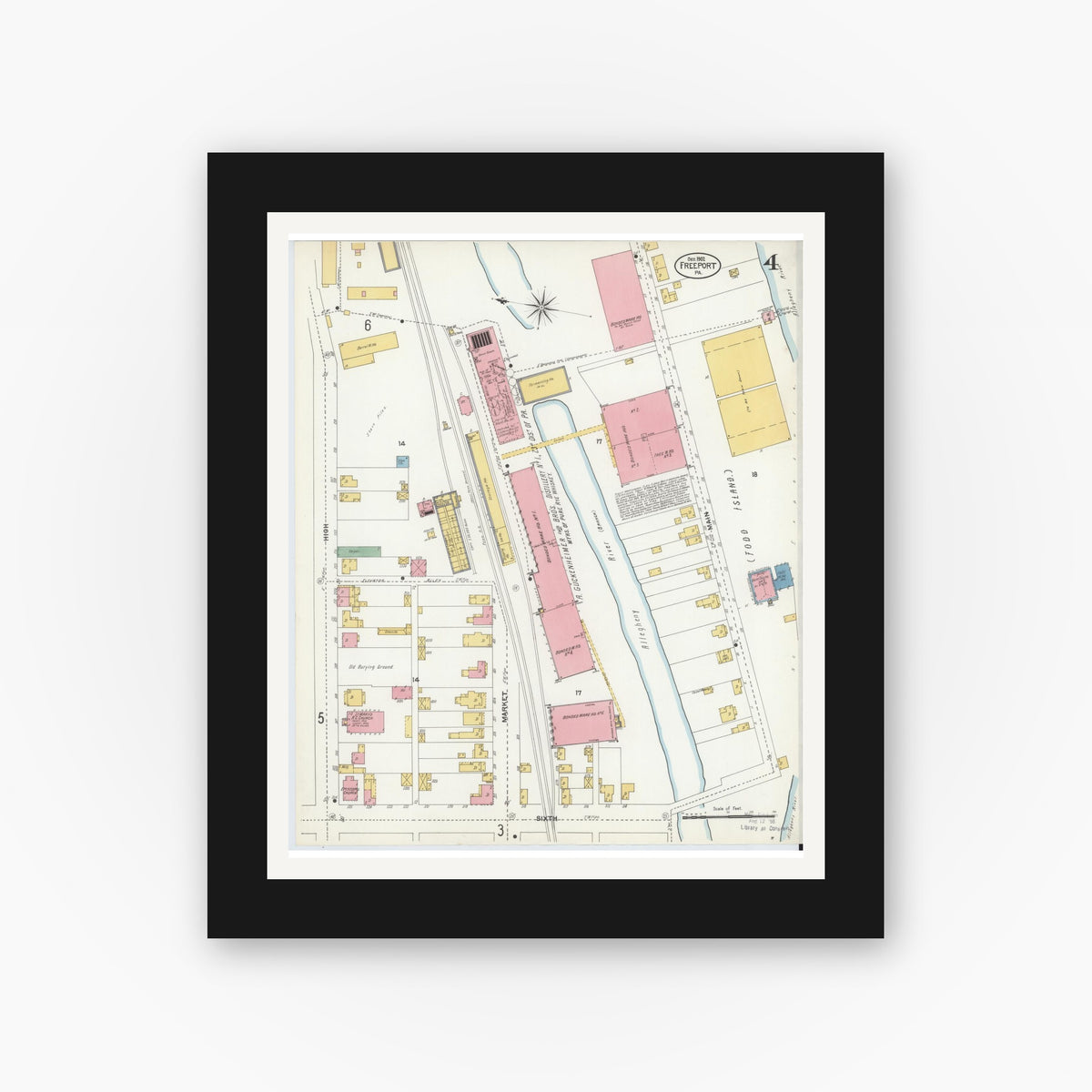 Old map wall art mockup — black gallery frame with white mat — Sanborn Fire Insurance Map from Freeport, Armstrong County, Pennsylvania (1902), Sheet #0004