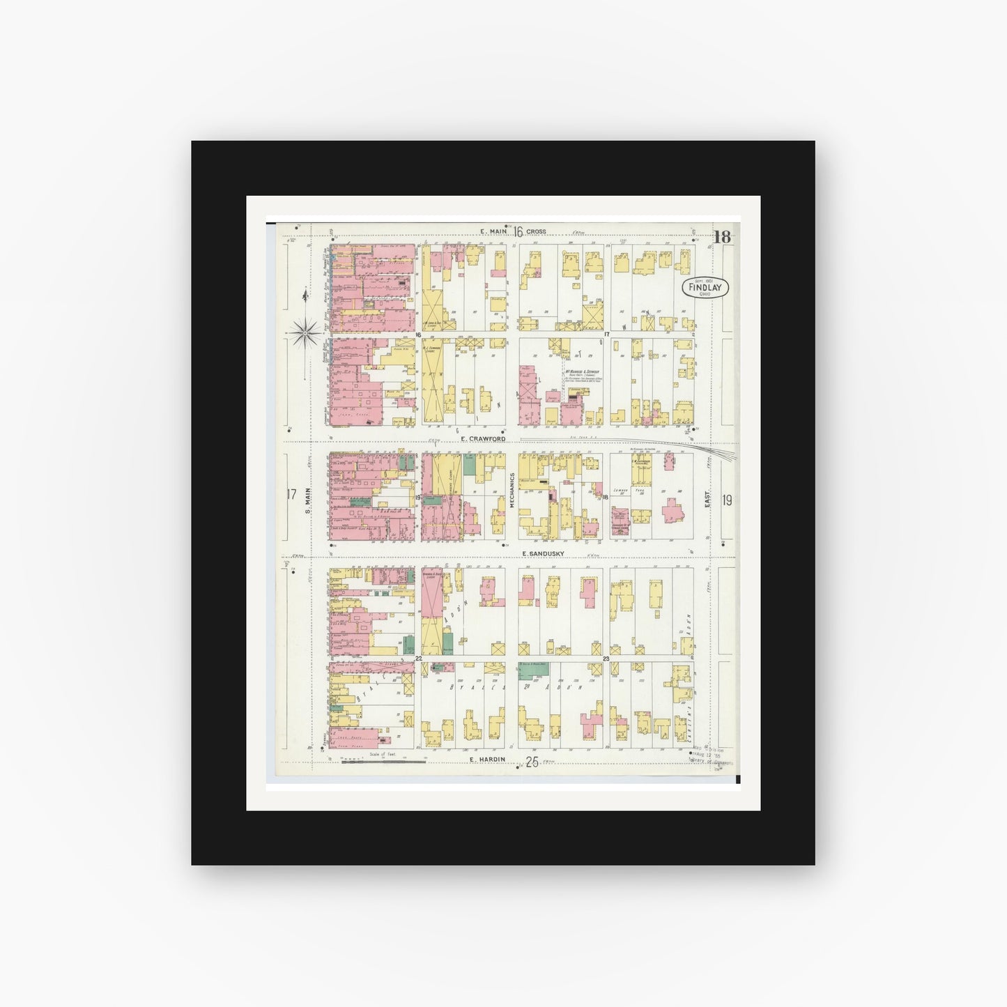Old map wall art mockup — black gallery frame with white mat — Sanborn Fire Insurance Map from Findlay, Hancock County, Ohio (1901), Sheet #0018