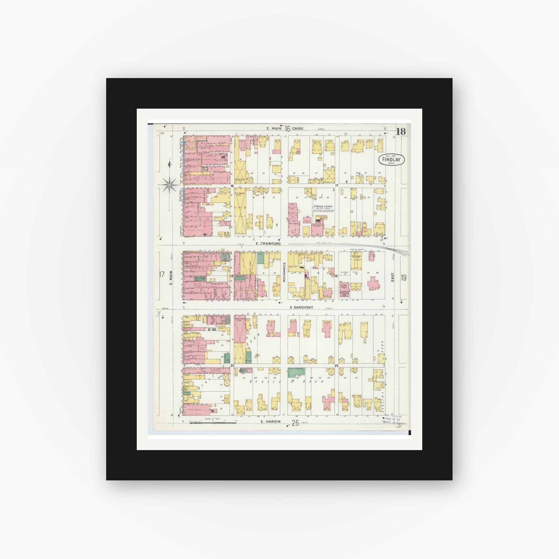 Old map wall art mockup — black gallery frame with white mat — Sanborn Fire Insurance Map from Findlay, Hancock County, Ohio (1901), Sheet #0018