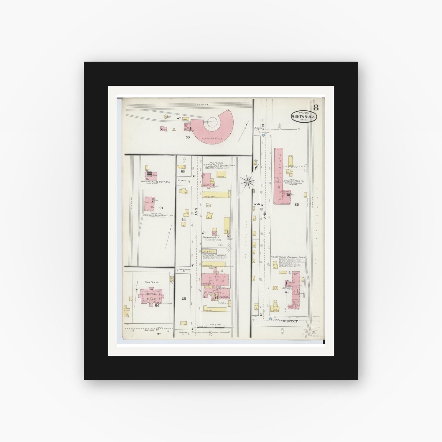 Old map wall art mockup — black gallery frame with white mat — Sanborn Fire Insurance Map from Ashtabula, Ashtabula County, Ohio (1893), Sheet #0008