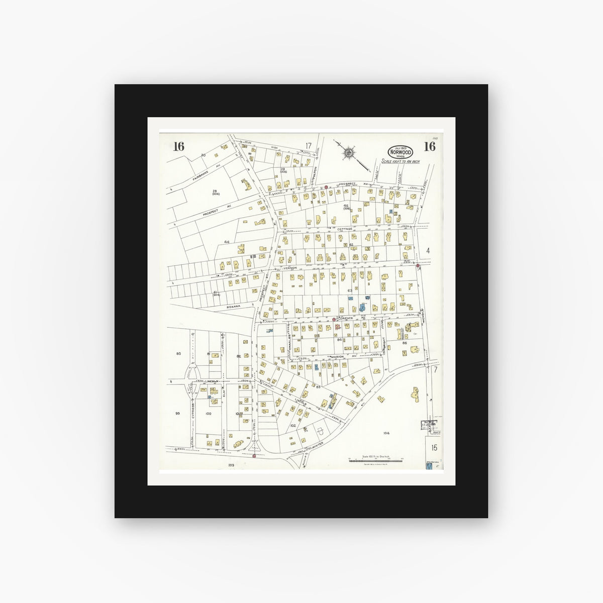 Old map wall art mockup — black gallery frame with white mat — Sanborn Fire Insurance Map from Norwood, Norfolk County, Massachusetts (1923), Sheet #0016