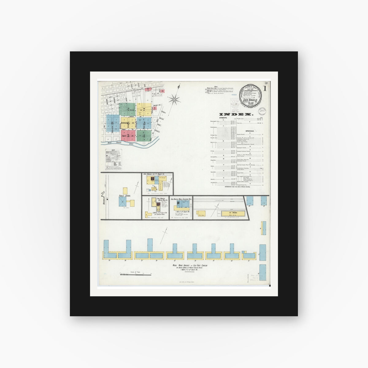Old map wall art mockup — black gallery frame with white mat — Sanborn Fire Insurance Map from San Angelo, Tom Green County, Texas (1900), Sheet #0001