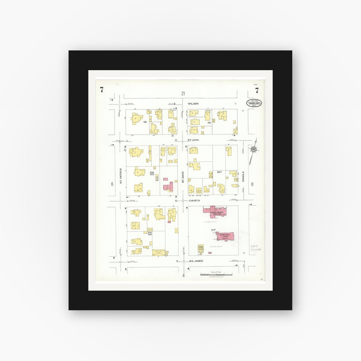 Old map wall art mockup — black gallery frame with white mat — Sanborn Fire Insurance Map from Tarboro, Edgecombe County, North Carolina (1923), Sheet #0007