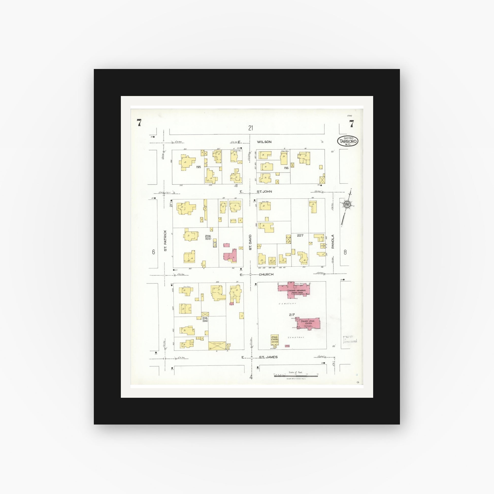 Old map wall art mockup — black gallery frame with white mat — Sanborn Fire Insurance Map from Tarboro, Edgecombe County, North Carolina (1923), Sheet #0007