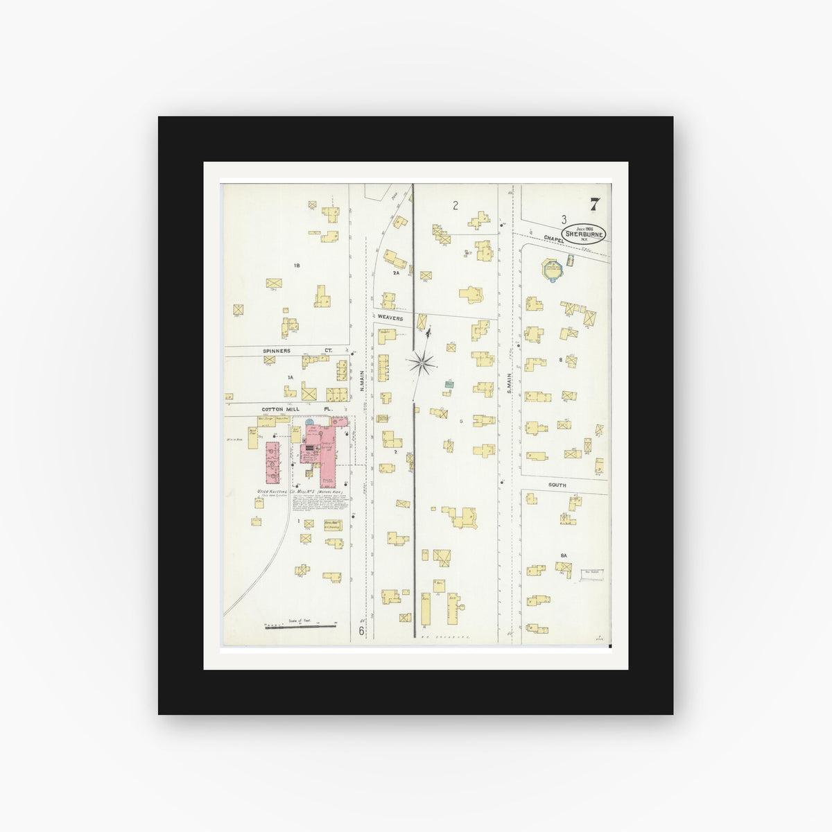 Old map wall art mockup — black gallery frame with white mat — Sanborn Fire Insurance Map from Sherburne, Chenango County, New York (1906), Sheet #0007