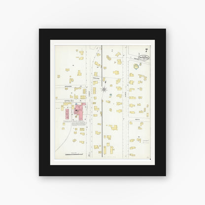Old map wall art mockup — black gallery frame with white mat — Sanborn Fire Insurance Map from Sherburne, Chenango County, New York (1906), Sheet #0007
