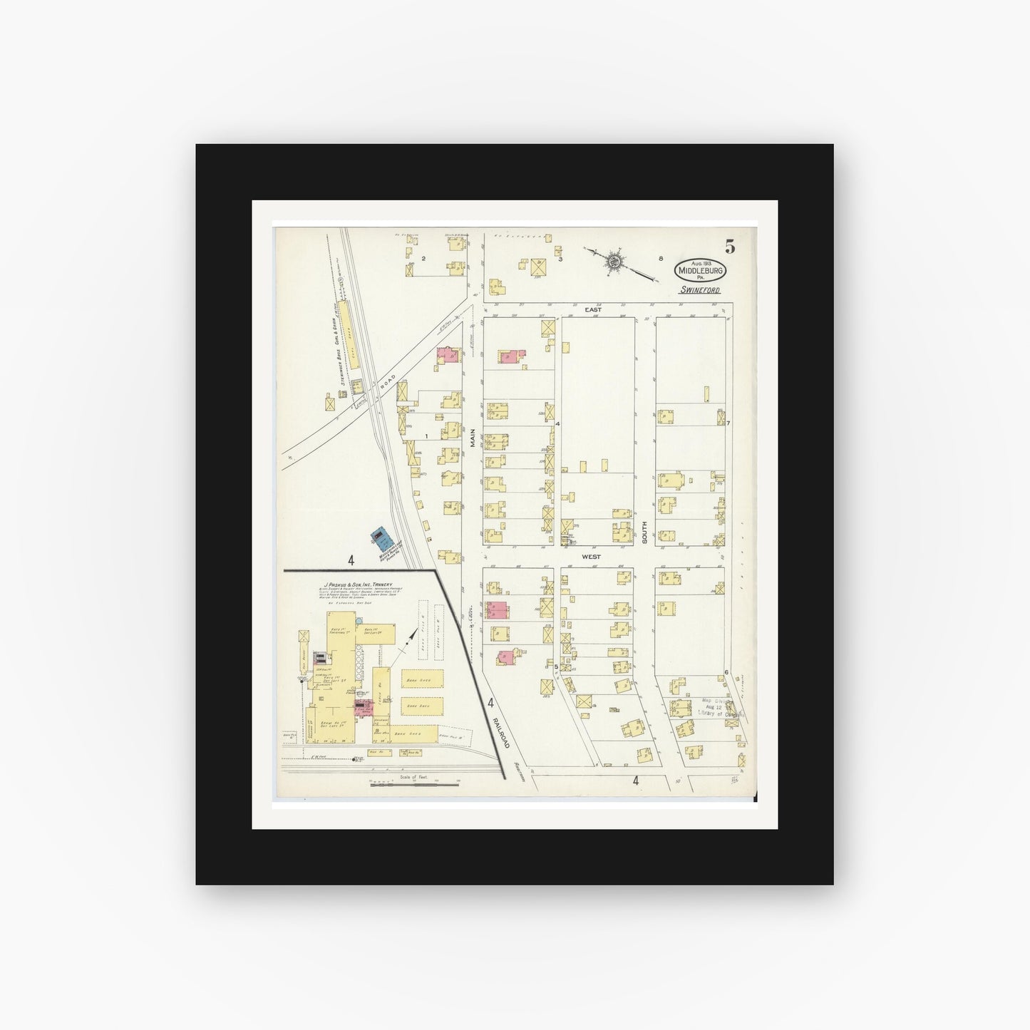 Old map wall art mockup — black gallery frame with white mat — Sanborn Fire Insurance Map from Middleburg, Snyder County, Pennsylvania (1913), Sheet #0005