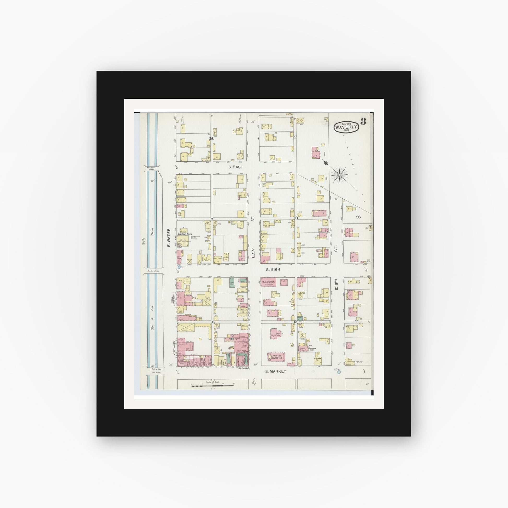 Old map wall art mockup — black gallery frame with white mat — Sanborn Fire Insurance Map from Waverly, Pike County, Ohio (1892), Sheet #0003