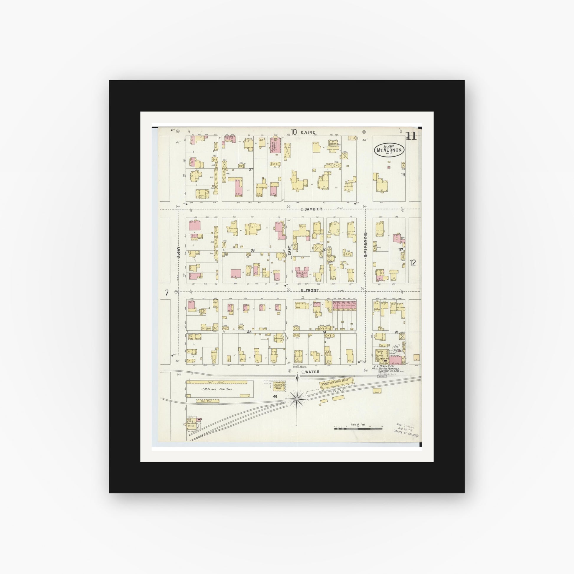 Old map wall art mockup — black gallery frame with white mat — Sanborn Fire Insurance Map from Mount Vernon, Knox County, Ohio (1897), Sheet #0011