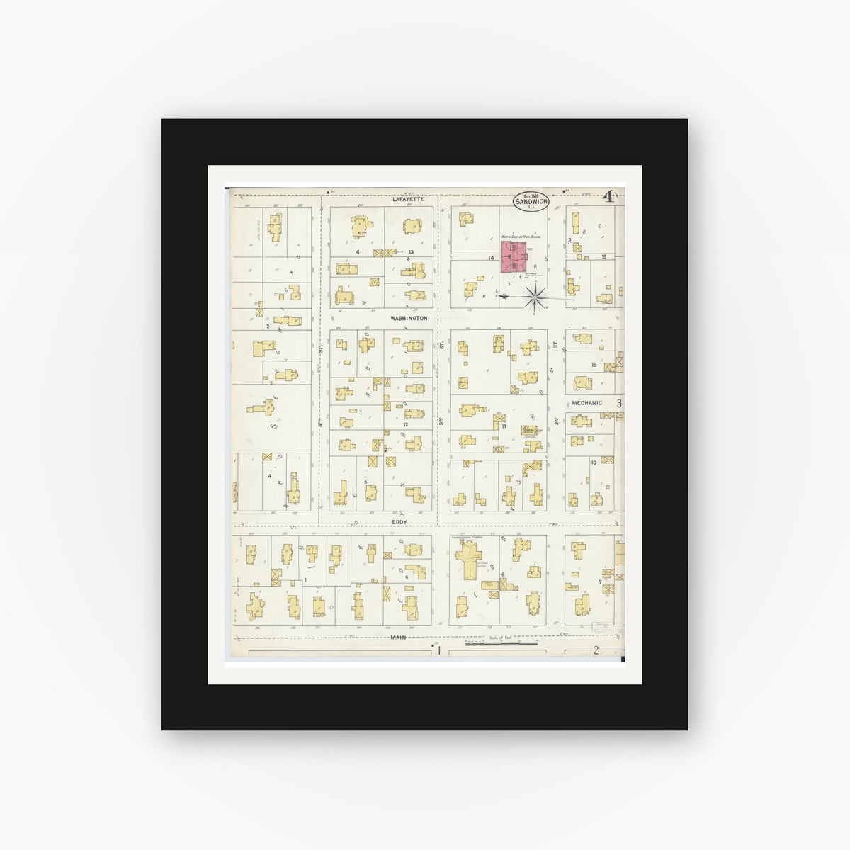 Old map wall art mockup — black gallery frame with white mat — Sanborn Fire Insurance Map from Sandwich, De Kalb County, Illinois (1902), Sheet #0004
